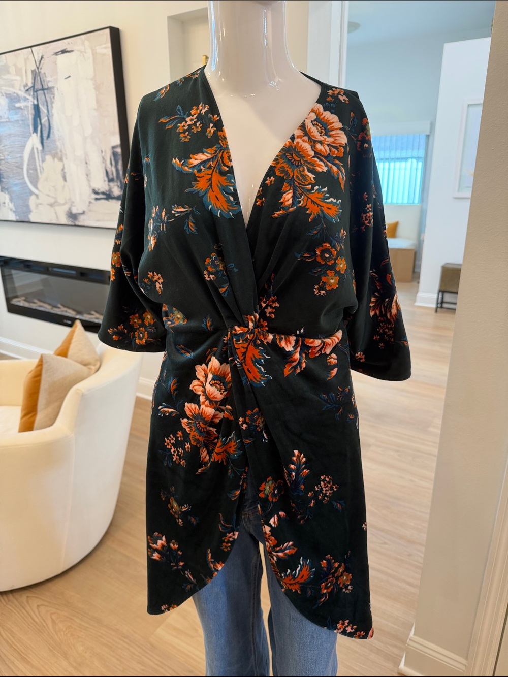 Colleen Lopez Dark Green Floral  Velour Twist-Front Tunic  with Orange Accents